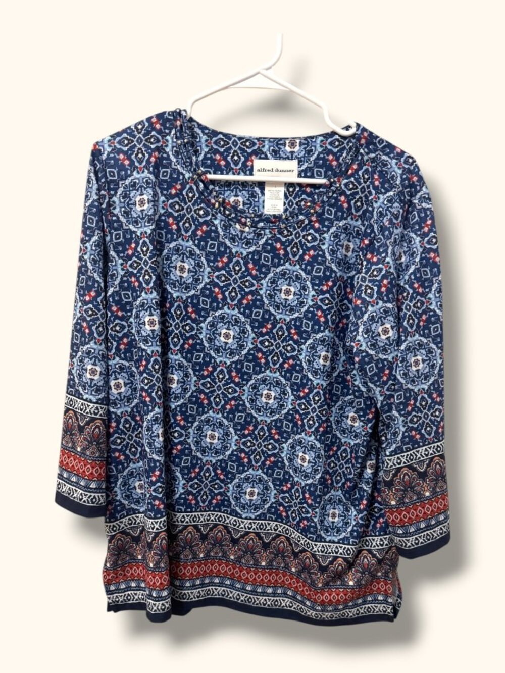 Alfred Dunner Top Womens L Blue Medallion Print 3/4 Sleeve Scoop Neck Tunic